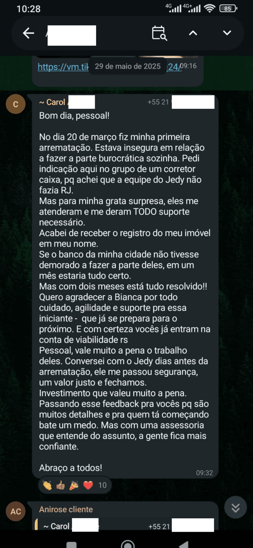 Depoimento da Carol Asthite via WhatsApp